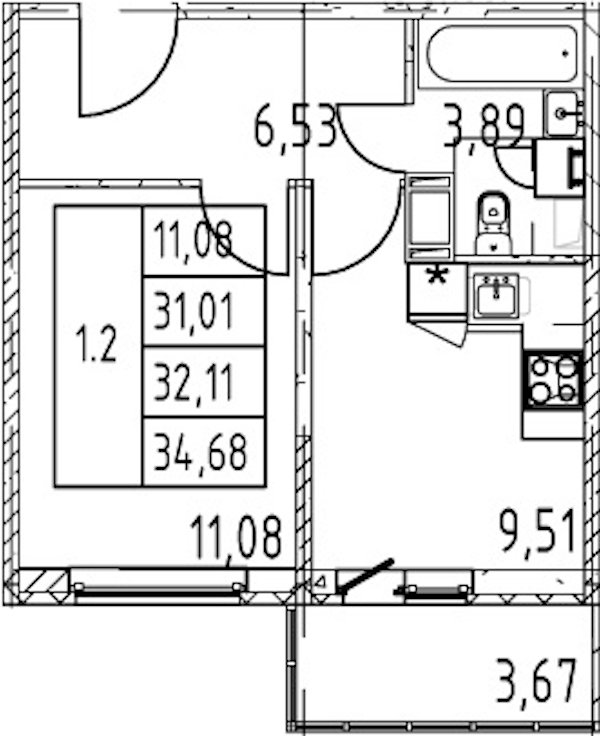 1-комнатная квартира 31.01 м², 2/12 эт., ЖК «Полис ЛАВрики»
